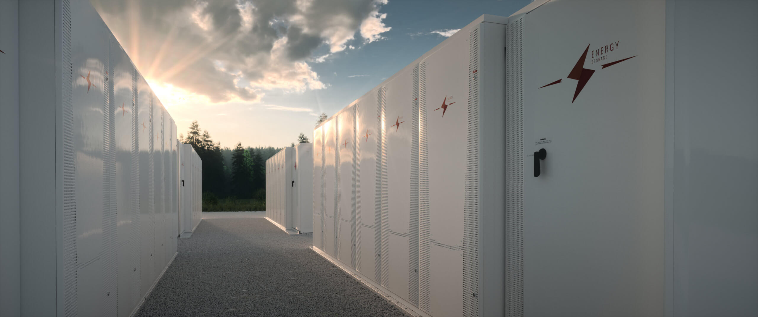 Rendering of an outdoor renewable energy battery storage system.
