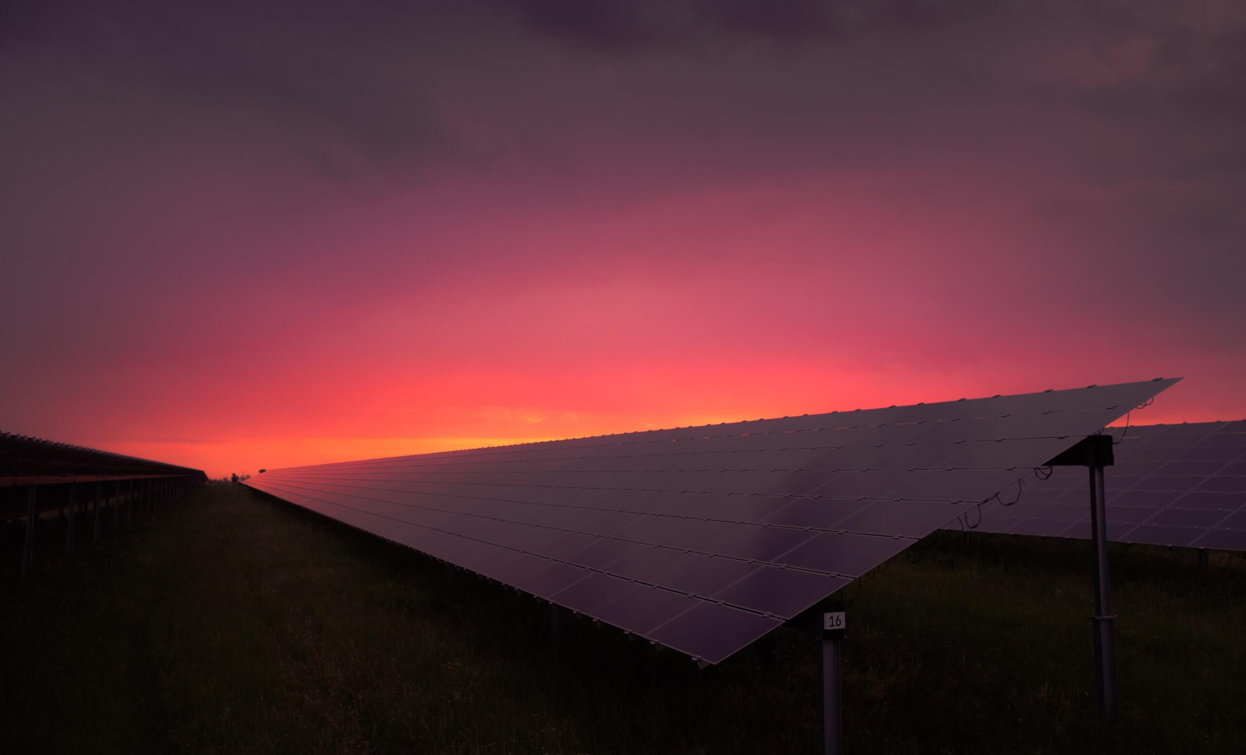 A solar panel at dusk illuminated by the colors of the sunset.