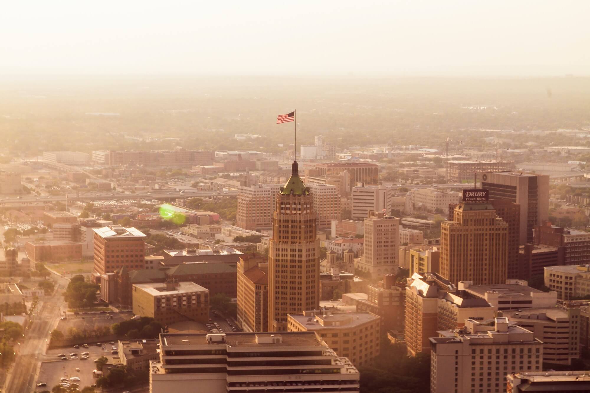 Aerial view of the San Antonio, Texas skyline in the morning.